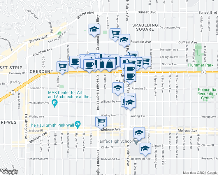 map of restaurants, bars, coffee shops, grocery stores, and more near 1009 North Laurel Avenue in West Hollywood