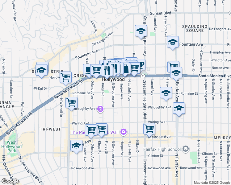 map of restaurants, bars, coffee shops, grocery stores, and more near 1005 North Harper Avenue in West Hollywood