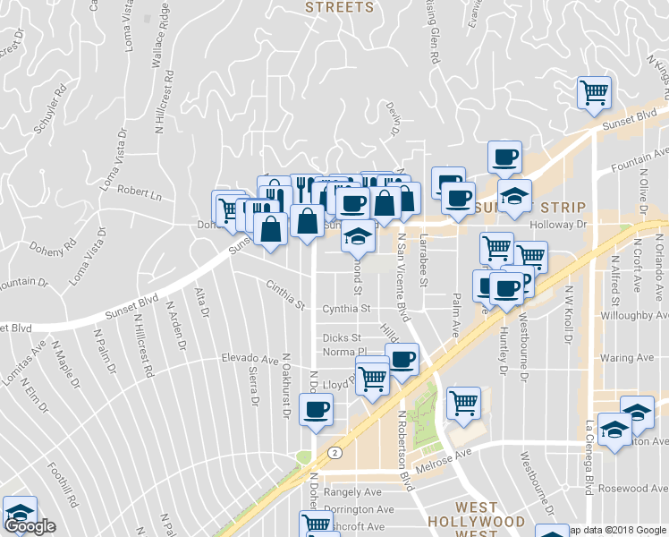 map of restaurants, bars, coffee shops, grocery stores, and more near 9039 Phyllis Avenue in West Hollywood