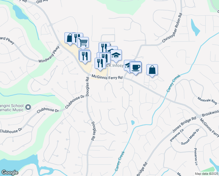 map of restaurants, bars, coffee shops, grocery stores, and more near 12800 Wyngate Trail in Alpharetta