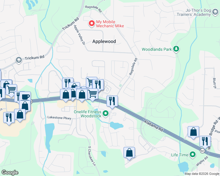 map of restaurants, bars, coffee shops, grocery stores, and more near 231 Village Square Drive in Woodstock