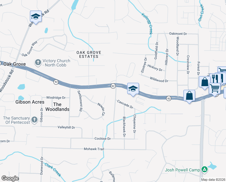 map of restaurants, bars, coffee shops, grocery stores, and more near 5609 Seminole Way in Acworth