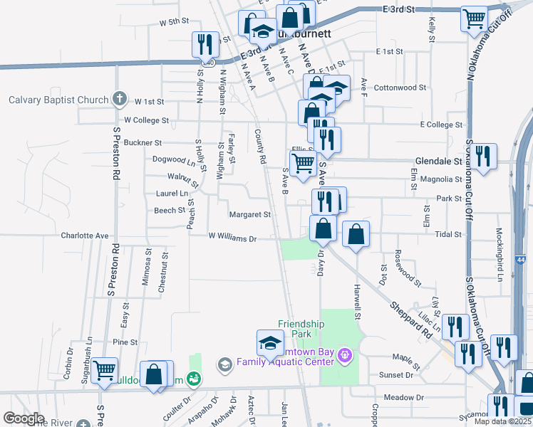 map of restaurants, bars, coffee shops, grocery stores, and more near 103 Margaret Street in Burkburnett