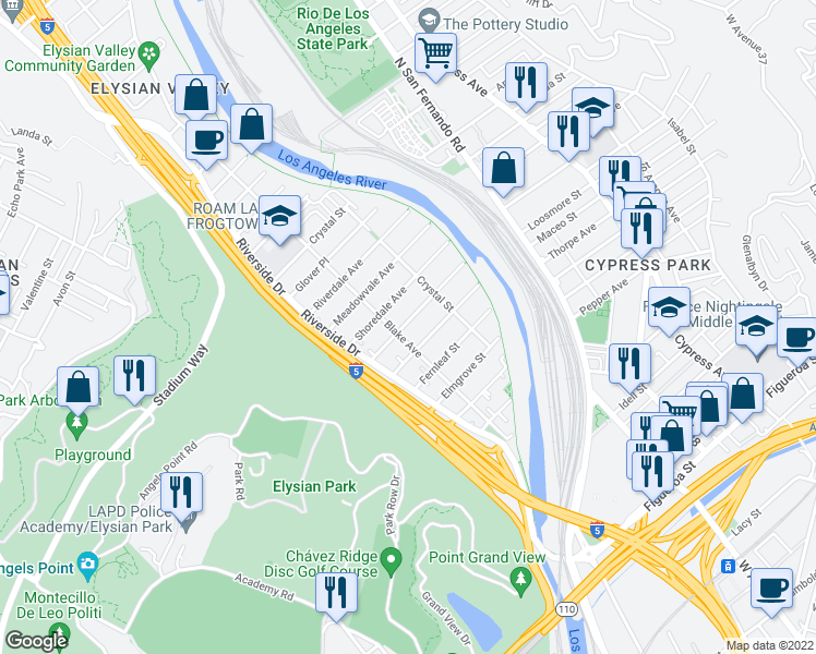 map of restaurants, bars, coffee shops, grocery stores, and more near 2312 Harwood Street in Los Angeles