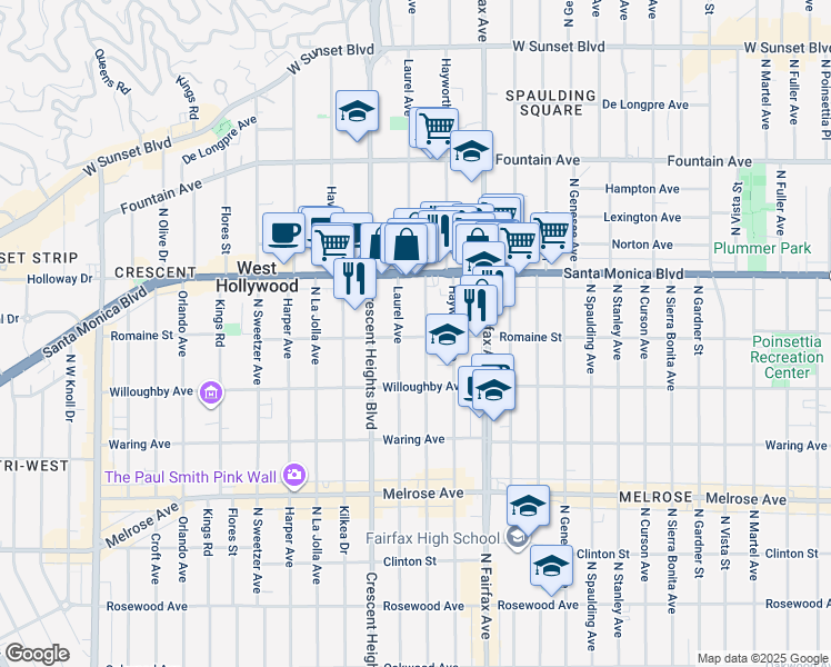 map of restaurants, bars, coffee shops, grocery stores, and more near 8011 Romaine Street in Los Angeles