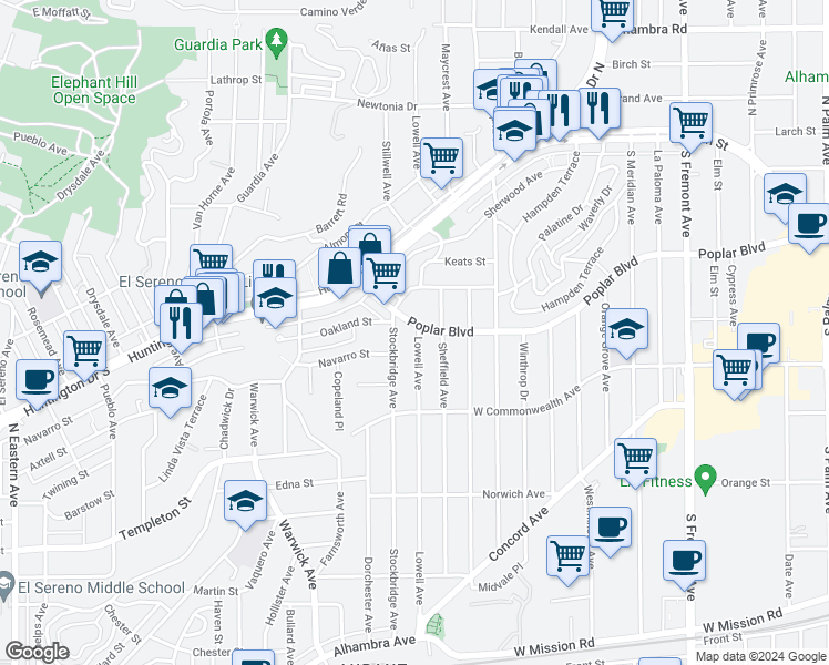 map of restaurants, bars, coffee shops, grocery stores, and more near 5424 Poplar Boulevard in Los Angeles
