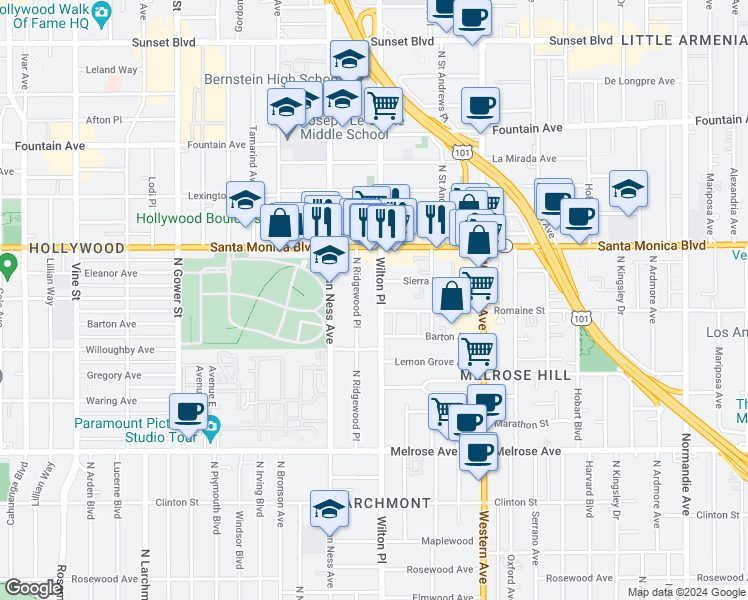 map of restaurants, bars, coffee shops, grocery stores, and more near 1013 North Wilton Place in Los Angeles