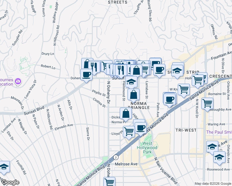 map of restaurants, bars, coffee shops, grocery stores, and more near 9031 Phyllis Avenue in West Hollywood