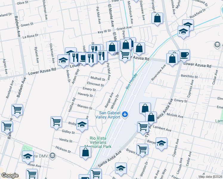 map of restaurants, bars, coffee shops, grocery stores, and more near 10690 Elmcrest Street in El Monte