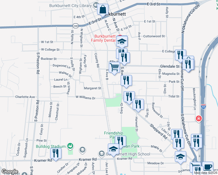 map of restaurants, bars, coffee shops, grocery stores, and more near 304 Morning Drive in Burkburnett