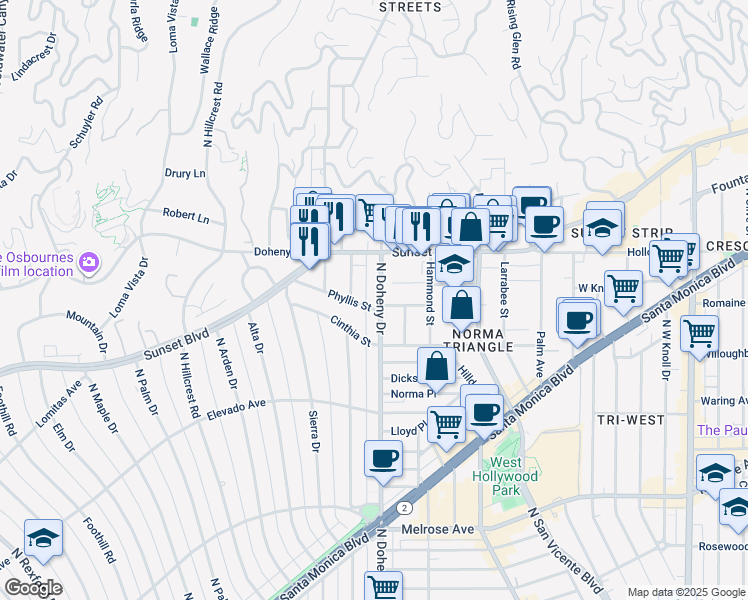 map of restaurants, bars, coffee shops, grocery stores, and more near 959 North Doheny Drive in West Hollywood