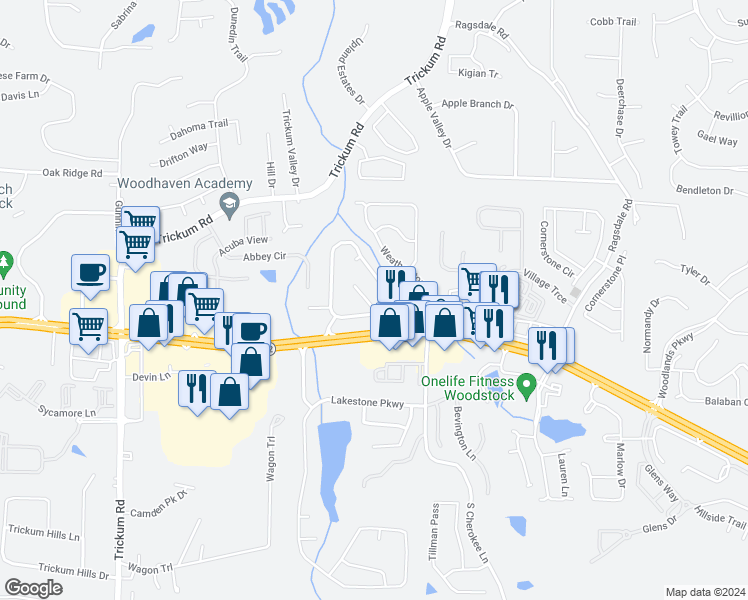 map of restaurants, bars, coffee shops, grocery stores, and more near 704 Weatherstone Trce in Woodstock
