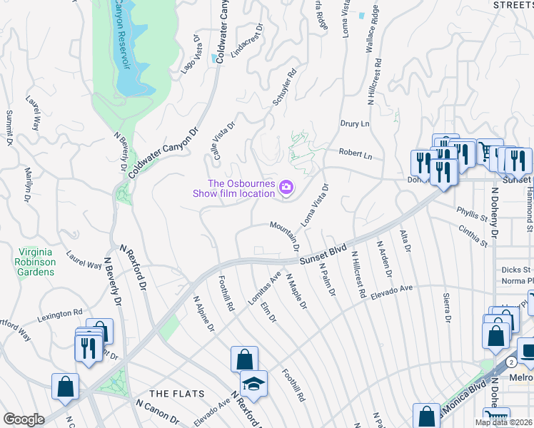 map of restaurants, bars, coffee shops, grocery stores, and more near 609 Mountain Drive in Beverly Hills