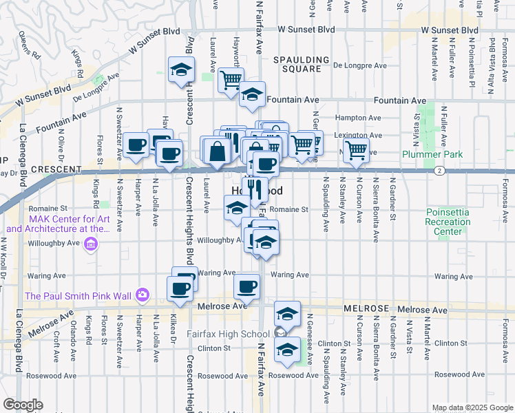 map of restaurants, bars, coffee shops, grocery stores, and more near 1001 North Fairfax Avenue in West Hollywood
