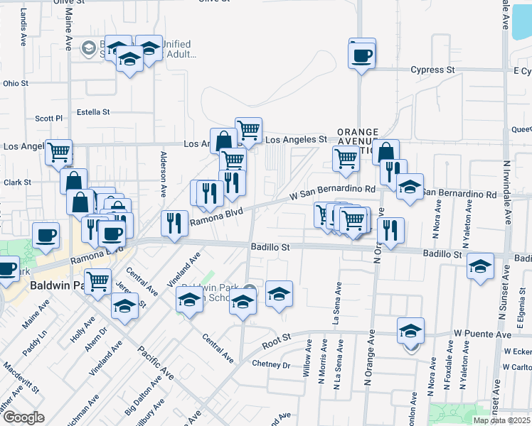 map of restaurants, bars, coffee shops, grocery stores, and more near 15120 Ramona Boulevard in Baldwin Park
