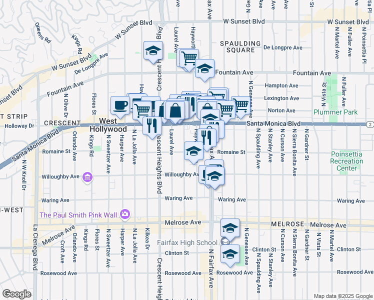 map of restaurants, bars, coffee shops, grocery stores, and more near 1000 North Edinburgh Avenue in West Hollywood