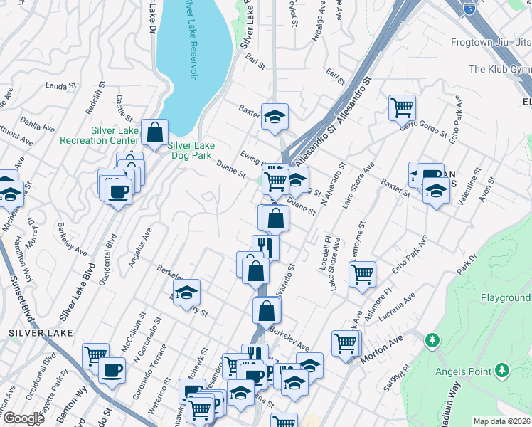 map of restaurants, bars, coffee shops, grocery stores, and more near 2205 Fox Lane in Los Angeles