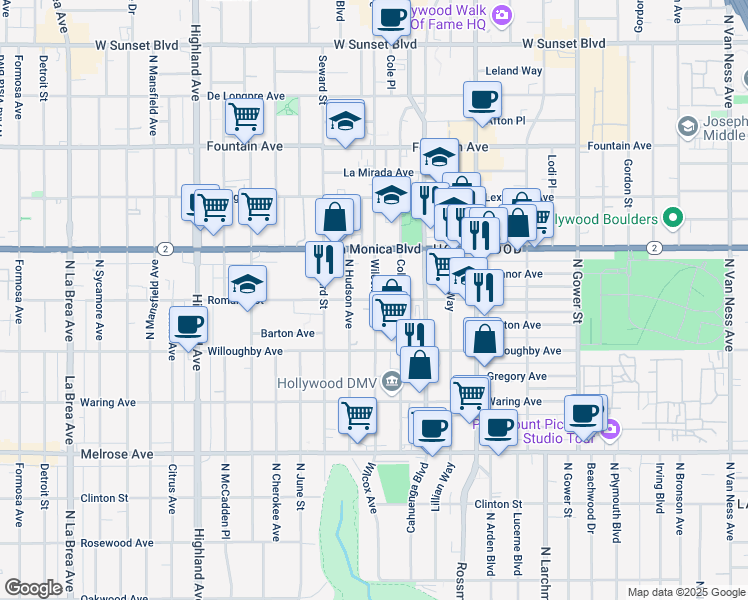 map of restaurants, bars, coffee shops, grocery stores, and more near 6415 Romaine Street in Los Angeles
