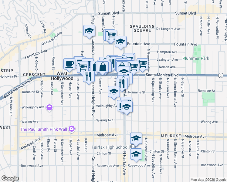 map of restaurants, bars, coffee shops, grocery stores, and more near 7949 Romaine Street in West Hollywood