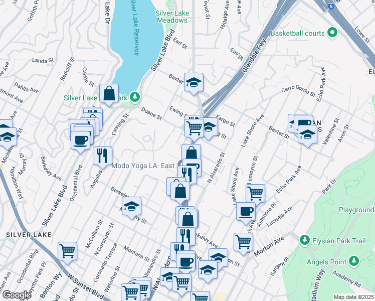 map of restaurants, bars, coffee shops, grocery stores, and more near 2205 Fox Lane in Los Angeles