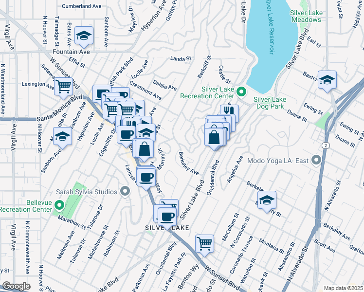 map of restaurants, bars, coffee shops, grocery stores, and more near 1612 Redesdale Avenue in Los Angeles