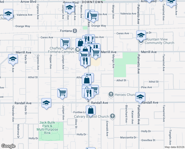 map of restaurants, bars, coffee shops, grocery stores, and more near 9073 Sierra Avenue in Fontana