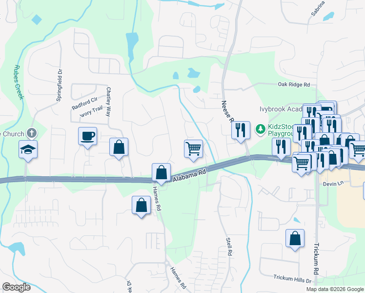 map of restaurants, bars, coffee shops, grocery stores, and more near 706 Amy Court in Woodstock