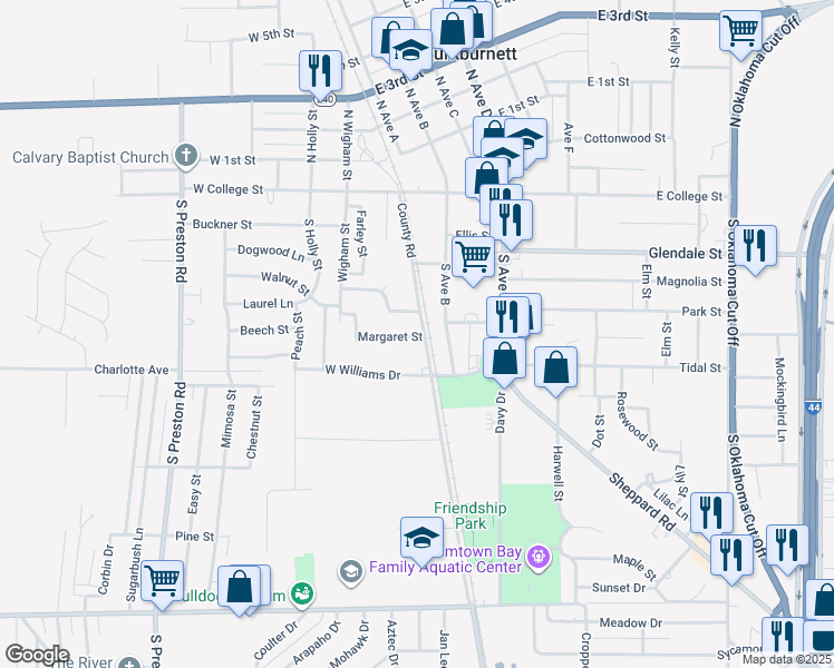 map of restaurants, bars, coffee shops, grocery stores, and more near 103 Margaret Street in Burkburnett