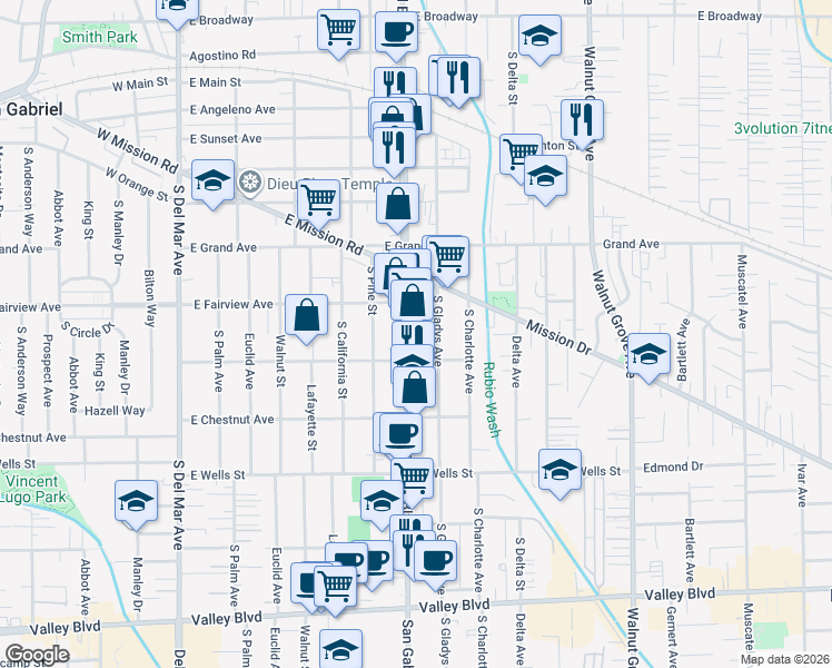 map of restaurants, bars, coffee shops, grocery stores, and more near 1024 South San Gabriel Boulevard in San Gabriel