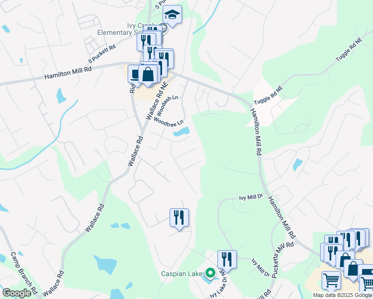 map of restaurants, bars, coffee shops, grocery stores, and more near 3134 Milloak Court Northeast in Buford