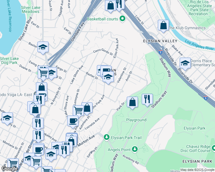 map of restaurants, bars, coffee shops, grocery stores, and more near 1562 Baxter Street in Los Angeles