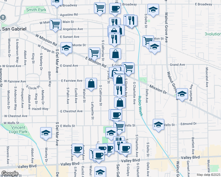 map of restaurants, bars, coffee shops, grocery stores, and more near 1024 South Pine Street in San Gabriel