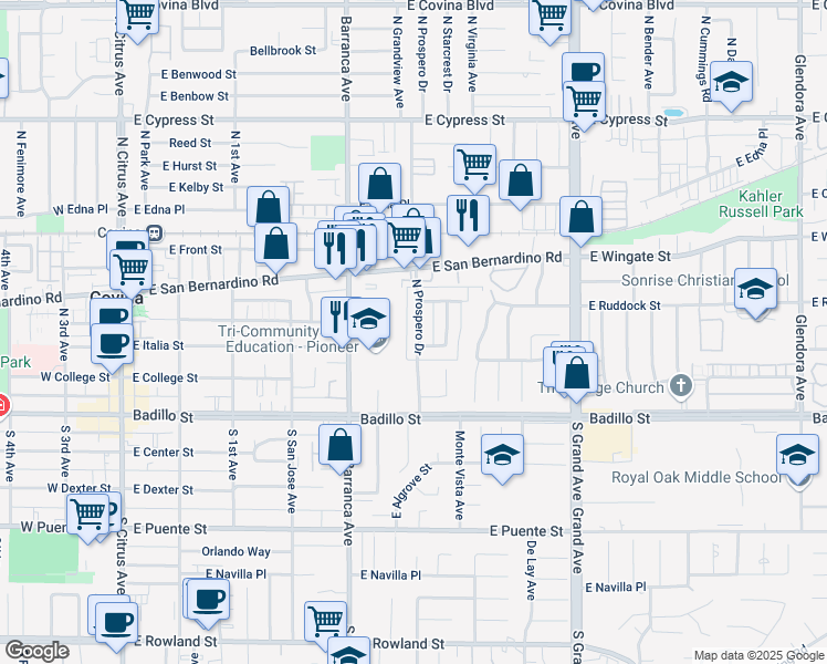 map of restaurants, bars, coffee shops, grocery stores, and more near 335 North Prospero Drive in Covina