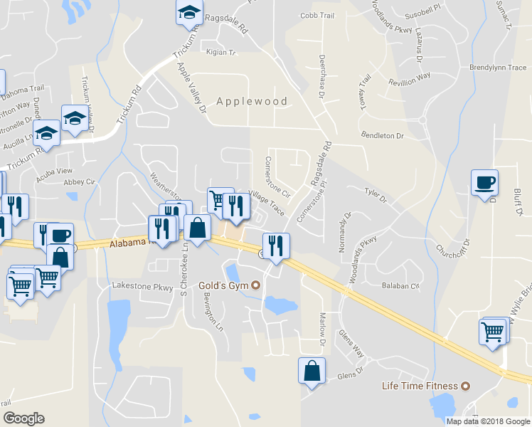 map of restaurants, bars, coffee shops, grocery stores, and more near 233 Village Square Drive in Woodstock