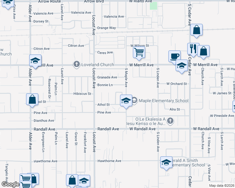 map of restaurants, bars, coffee shops, grocery stores, and more near 9079 Dumond Drive in Fontana