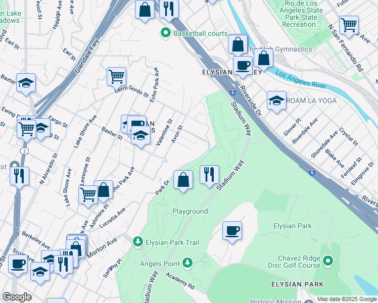 map of restaurants, bars, coffee shops, grocery stores, and more near 1430 Avon Terrace in Los Angeles