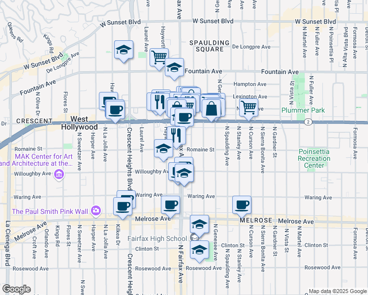 map of restaurants, bars, coffee shops, grocery stores, and more near 1001 North Orange Grove Avenue in West Hollywood