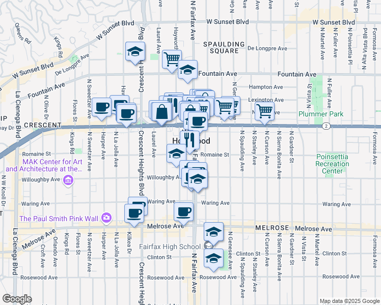 map of restaurants, bars, coffee shops, grocery stores, and more near 1001 North Fairfax Avenue in West Hollywood