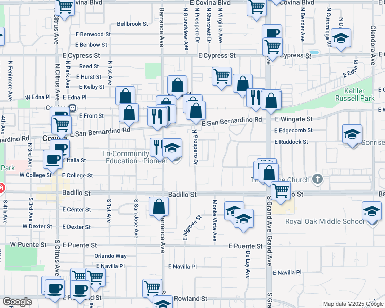 map of restaurants, bars, coffee shops, grocery stores, and more near 335 North Prospero Drive in Covina
