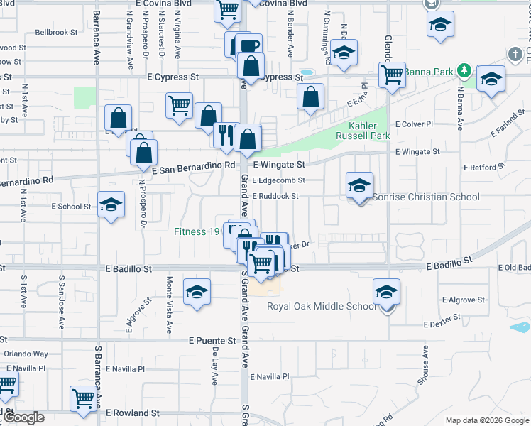 map of restaurants, bars, coffee shops, grocery stores, and more near 324 Shadyglen Drive in Covina