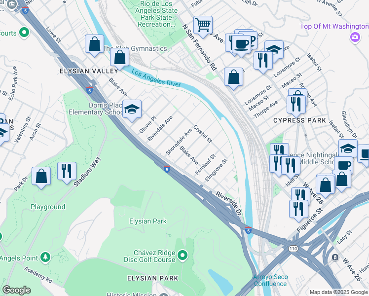 map of restaurants, bars, coffee shops, grocery stores, and more near 2307 Harwood Street in Los Angeles