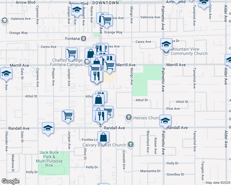 map of restaurants, bars, coffee shops, grocery stores, and more near 9074 Acacia Avenue in Fontana