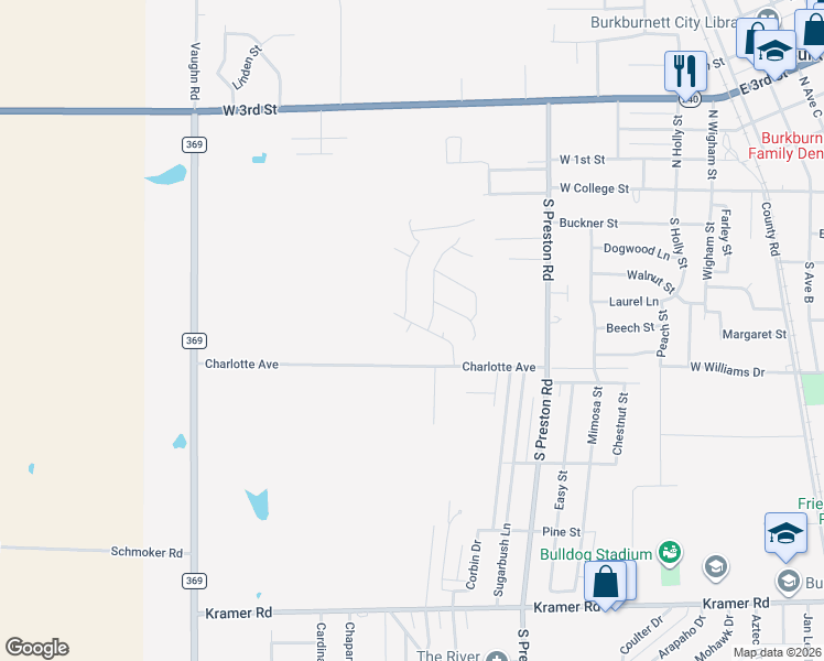 map of restaurants, bars, coffee shops, grocery stores, and more near 516 Matador Street in Burkburnett