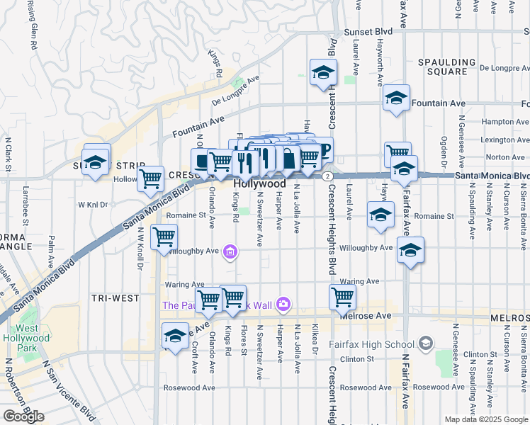 map of restaurants, bars, coffee shops, grocery stores, and more near 1005 North Harper Avenue in West Hollywood