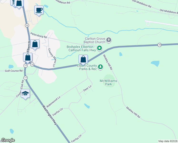 map of restaurants, bars, coffee shops, grocery stores, and more near 1264 Robinwood Lane in Elberton