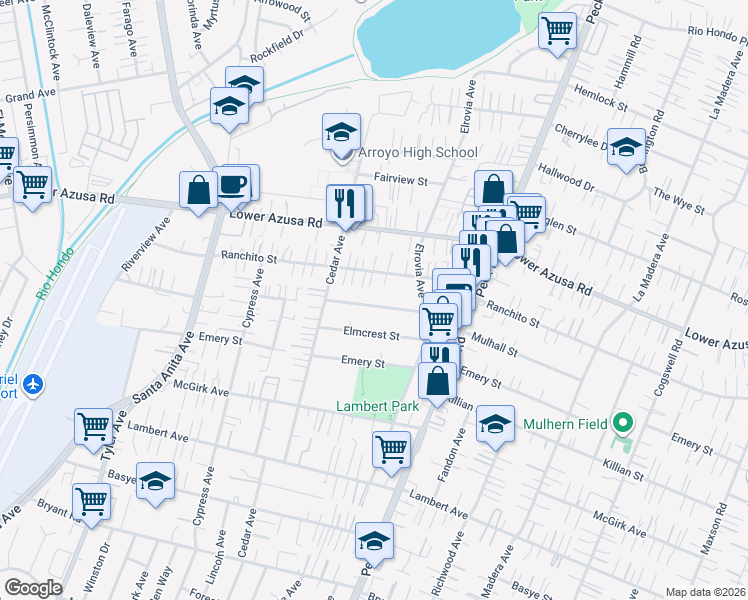 map of restaurants, bars, coffee shops, grocery stores, and more near 11361 Mulhall Street in El Monte
