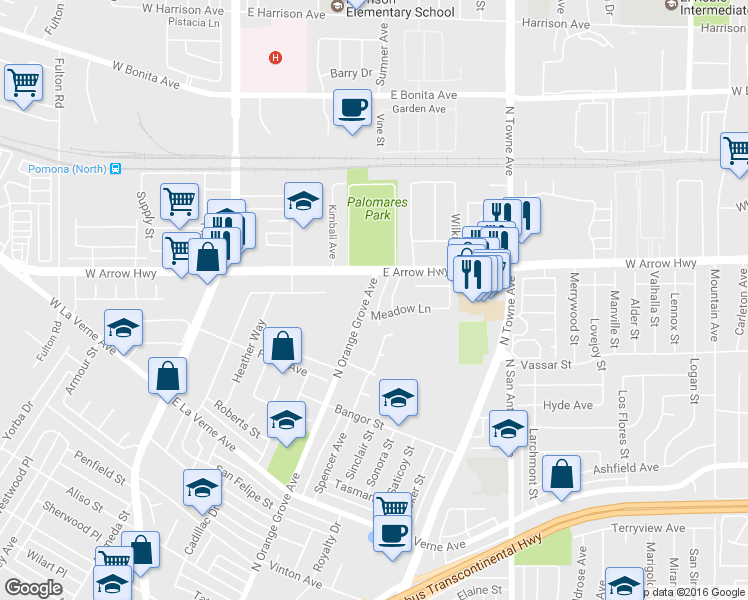 map of restaurants, bars, coffee shops, grocery stores, and more near 2284 North Orange Grove Avenue in Pomona