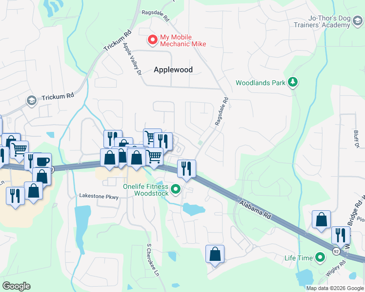 map of restaurants, bars, coffee shops, grocery stores, and more near 231 Village Square Drive in Woodstock