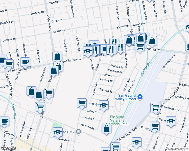 map of restaurants, bars, coffee shops, grocery stores, and more near 4554 Arden Way in El Monte