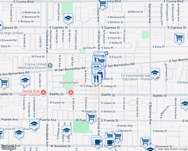 map of restaurants, bars, coffee shops, grocery stores, and more near 126 West Orange Street in Covina